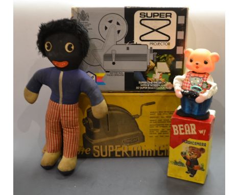 Toys & Juvenalia - a Chinese clock work and battery powered Flash Camera Bear;  a Chad Valley Super 8 childs projector, boxed