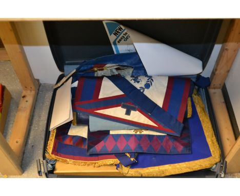 Freemasonry, Derbyshire Lodge, aprons and other regalia; booklets etc; Rose Croix 31st degree sash and gilt base metal star; 