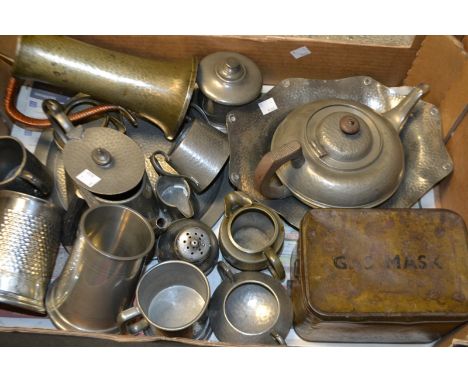 Pewter - a planished teapot; hinged jug; mugs; caddy (1 box)