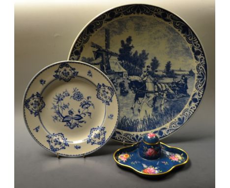 A Copeland Spode lady's desk top inkwell/pen tray, painted with flowers on a blue mottled ground;  a George Jones Suez patter
