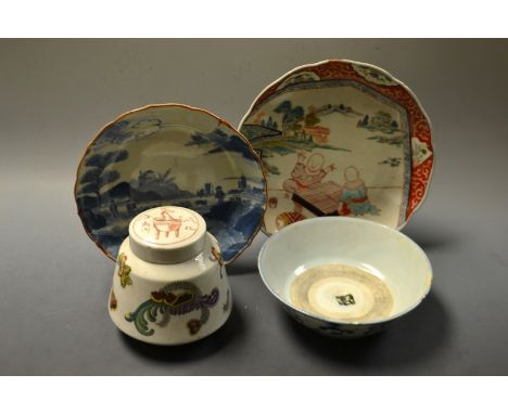 A Chin and white bowl; two oriental dishes; a jar and cover.ese Nanking cargo blue