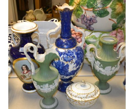 A Victorian two handled baluster vase, painted with a young lady, a staffordshire sucrier decorated with gilt swags, a two ha