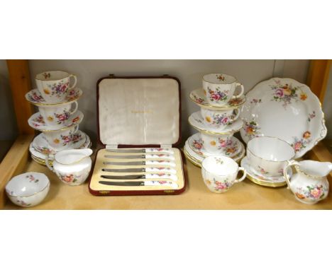 A Royal Crown Derby Posies pattern tea service for six including cups, saucers, side plates, sugar bowl, etc qty