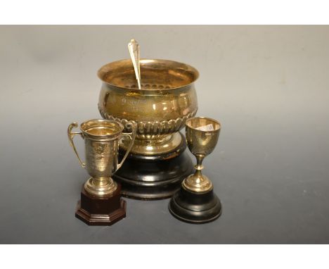 A silver trophy bowl, stop fluted, NHH Puppy Show 1902, First Prize, 186g, hardwood stand; a Manchester University Rifle Club