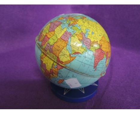 A vintage tin and lithograph print globe by Chad valley as money boxGeneral condition OK, slight  rust round rim, begininning