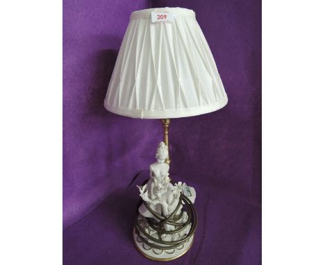 A vintage table lamp with brass body and ceramic figural base of maiden and birds 