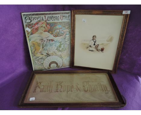 A vintage copper arts and crafts style frame with period print etc