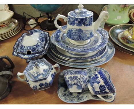 A selection of blue and white delft ware style ceramicschips to small lidded dish, large teapot cracked round the sprout. cra