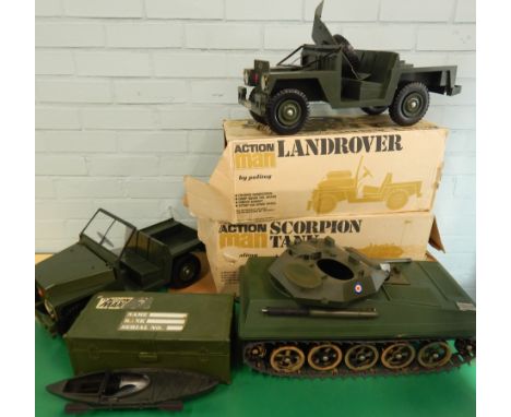 An Palitoy Action Man Landrover, other vehicles, Scorpion tank, jeep and other accessories (partially boxed)