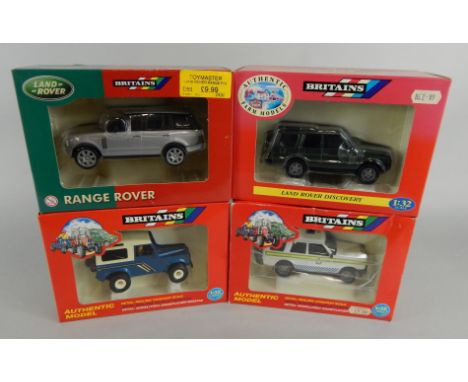 A Britains 1:32 scale die cast authentic model, 9507 Land Rover Defender, Range Rover, 9481 Police Discovery and Land Rover D