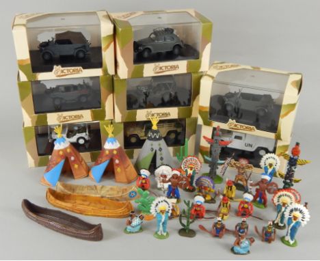 Various Victoria die-cast army vehicles, to include RO35 open Wehrmacht, various unboxed Indians, teepee, other plastic figur