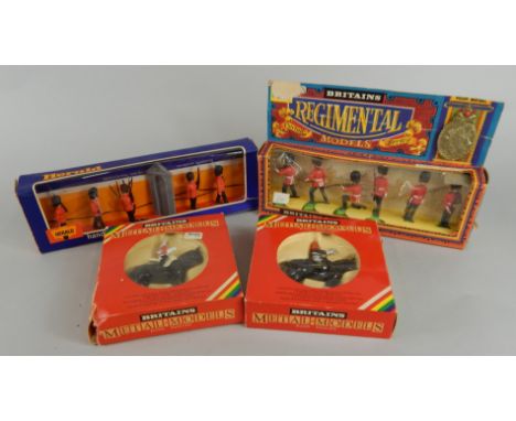 Various Britains metal models, figures etc., comprising 7246 Lifeguard standard bearer, 7244 Blues and Royals farrier, a Brit