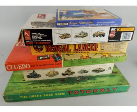 Various board games etc., Totopoly, Italeri Tiger Elefant tank kit, Bengal Lancer 1/12 model kit etc. (a quantity - boxed)