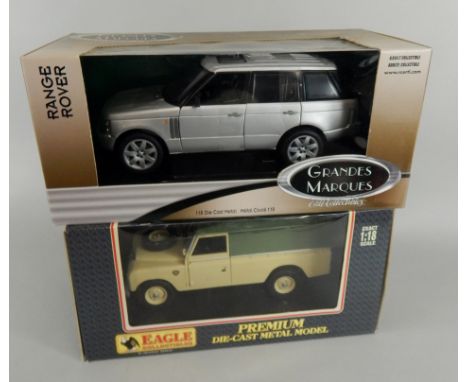 Various die cast, comprising a Grandes Marques Range Rover and an Eagle 1:18 scale premium cast metal Land Rover Series III. 