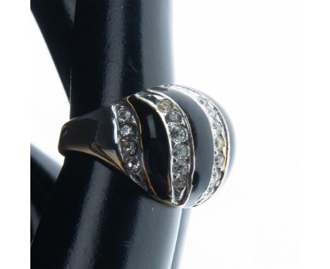 This fabulous ring has white and yellow 18k gold high grade electroplated set with black enamel and clear crystal stripes. Th