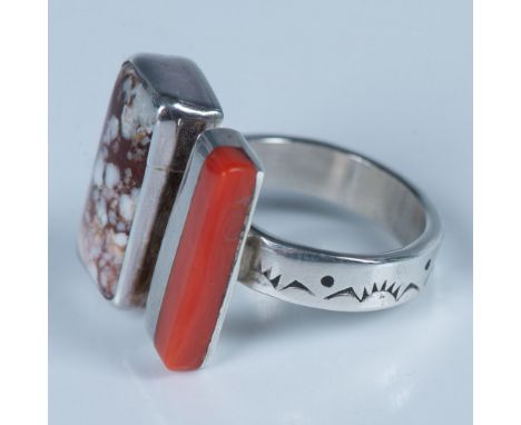 Beautiful Southwest Native American ring with a wild horse magnesite stone and coral piece set in hand crafted sterling silve