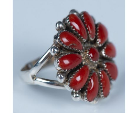 Southwest Native American Zuni hand crafted sterling silver ring with red coral. Stamped LW for Leonard Weebothee or Lorraine