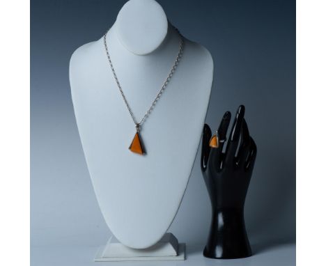 Gorgeous Baltic amber stones set in sterling silver. The necklace pendant measures 1.75"L x 1"W, and the chain with a spring 