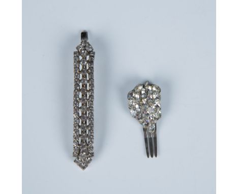 The smaller clip has spring closure and measures approximately 1"L x 0.75"W and the comb on the back is 1.75"L. The larger cl