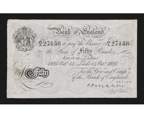 Banknotes, Great Britain, George V (1910-1936), Bank ofEngland white Fifty (50) Pounds, dated 14 Oct. 1925, serial number 43X