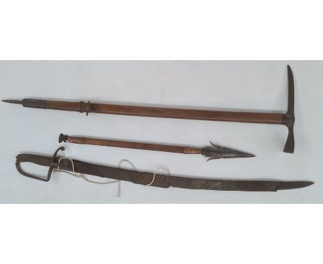 Early 20th century mountaineer's ice axe,&nbsp;18th century cavalry sabre and African short spear (3)Condition ReportPlease s