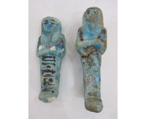 Two Egyptian blue glazed faience Ushabti&nbsp;of typical mummified form, believed middle kingdom, circa 1000BC, one with line