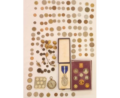 UK proof set of coins, loose coins, buttons, compass and a silver masonic medal&nbsp;
