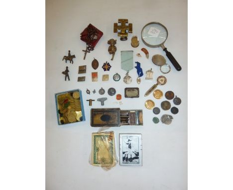 Quantity of badges, a 'Winchester St Cross' knocker, magnifying glass, rosary beads, card counters, playing cards, pen nibs, 