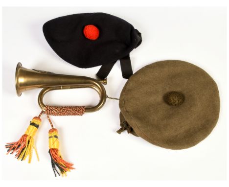 Military Bugle &amp; a Pair of Tam O'Shanters. Bugle complete with dress cords. Conditions generally appear Good Plus overall