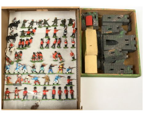 Britains, Britains Deetail &amp; Other - A Mixed Group of Figures Plus a Wooden Castle (unknown maker). Conditions generally 