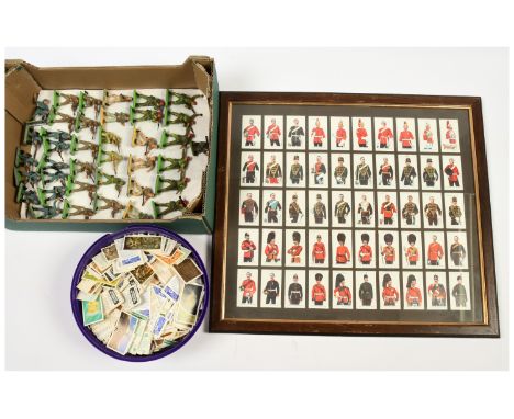 Britains Deetail Figures &amp; Cigarette Cards. Also includes glazed, framed group of military-related (reproduction) cigaret