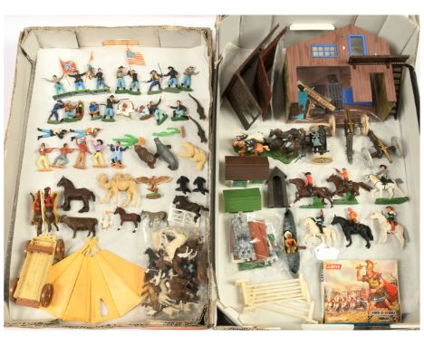 Britains &amp; Timpo - A Mixed Group of Buildings, Vehicles, Figures &amp; Animals. Plastic issues (except metal sentry box).