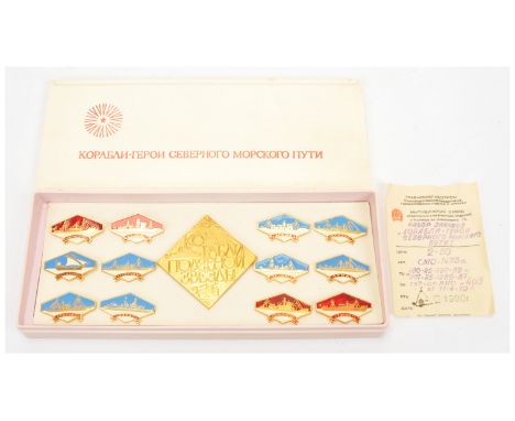 Russian / Soviet Group of Naval Badges - 'Hero Ships of the Northern Sea Route'. Contained in white plastic display case with