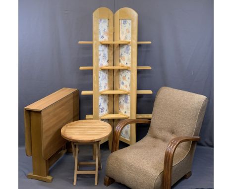 VINTAGE &amp; LATER FURNITURE ENSEMBLE to include an Art Deco oak armchair, 80cms H, 67cms W, 93cms overall D, modern lightwo