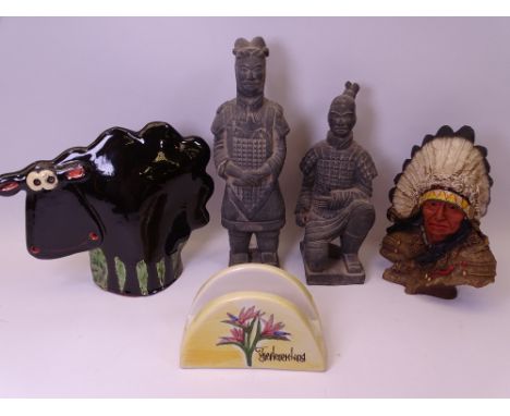 STUDIO POTTERY SHEEP, Terracotta Army type pottery figurines (2), composition Indian Chief bust and a pottery letter rack