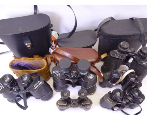 VINTAGE CASED FIELD GLASSES marked 'Prismiris', and a quantity of other cased field glasses