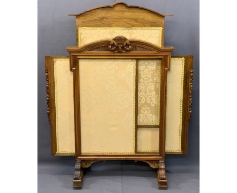 EMPIRE STYLE WALNUT ADJUSTABLE FIRESCREEN having carved leaf and fruit detail under a shaped top and three slide up and out p