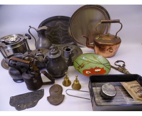 VINTAGE PEWTER COPPER &amp; BRASSWARE to include two portable type stoves, vintage brass blow lamp and a metal plaque for 'Th