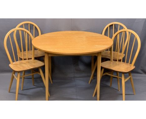 ERCOL HOOP BACK SPINDLE DINING CHAIRS (4) and a similarly styled circular top dining table, 70cms H, 104.5cms diameter, three