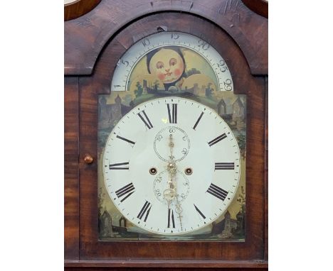 VICTORIAN MAHOGANY MOON FACE DIAL LONGCASE CLOCK, the arched top dial with castle and ruin painted spandrels, rolling moon up