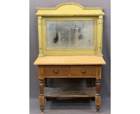 VINTAGE PINE KITCHEN TABLE and a green painted overmantel mirror, the stripped top table having twin frieze drawers with turn