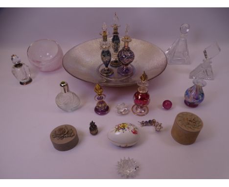 DECORATIVE GLASS SCENT BOTTLES, crystal type ornaments, pill boxes and Art glass bowls