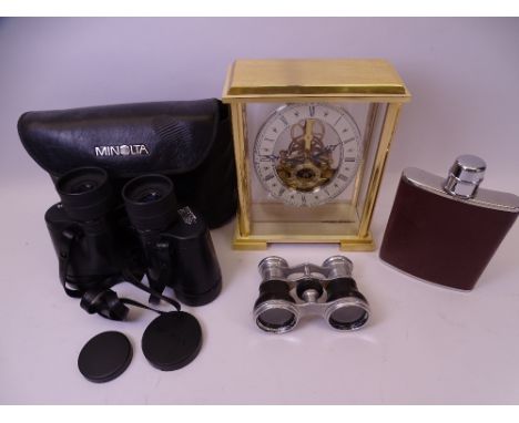 BATTERY OPERATED TIME PIECE BY The London Clock Company, Minolta 7 x 35 binoculars with soft leather case, modern hip flask a