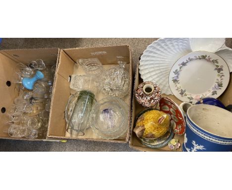 VINTAGE &amp; LATER GLASSWARE, large Jasperware planter, decorative wall plates, pottery 'hen on nest' ETC (within 3 boxes)