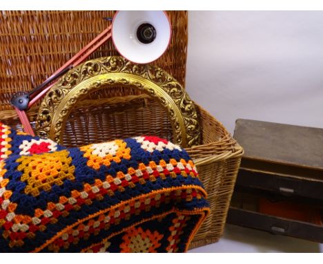 MIXED COLLECTABLES &amp; HOUSEHOLD GOODS to include a large, lidded wicker basket, gilt circular frame, clamp-on anglepoise l