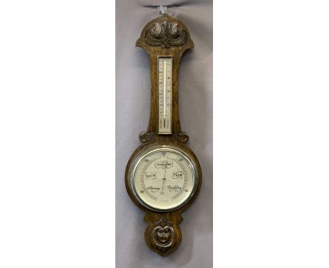 VINTAGE CARVED OAK BAROMETER WITH THERMOMETER, 33cms H, 26cms W