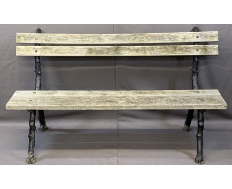 VINTAGE WOODEN SLATTED GARDEN BENCH on cast branch style supports, 84cms H, 152cms L, 58cms overall D