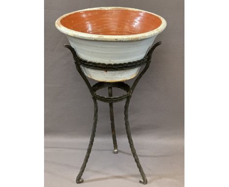 VICTORIAN POTTERY EGG CROCK/MILK PAN on a cast iron tripod stand, 87cms H, 53cms diameter