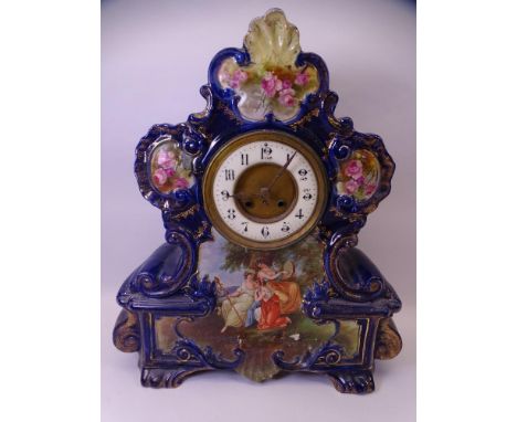VICTORIAN DECORATIVE POTTERY MANTEL CLOCK in Cobalt Blue with a lower panel depicting maidens beneath a tree and further flor