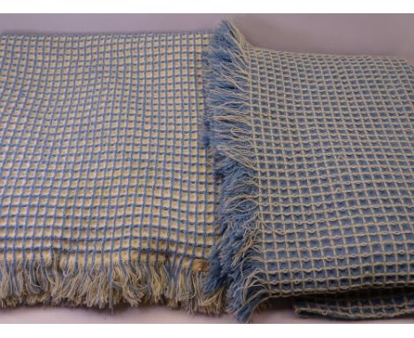 TWO VINTAGE BLUE &amp; WHITE WAFFLE BED BLANKETS, 226 x 154cms and 220 x 116cms